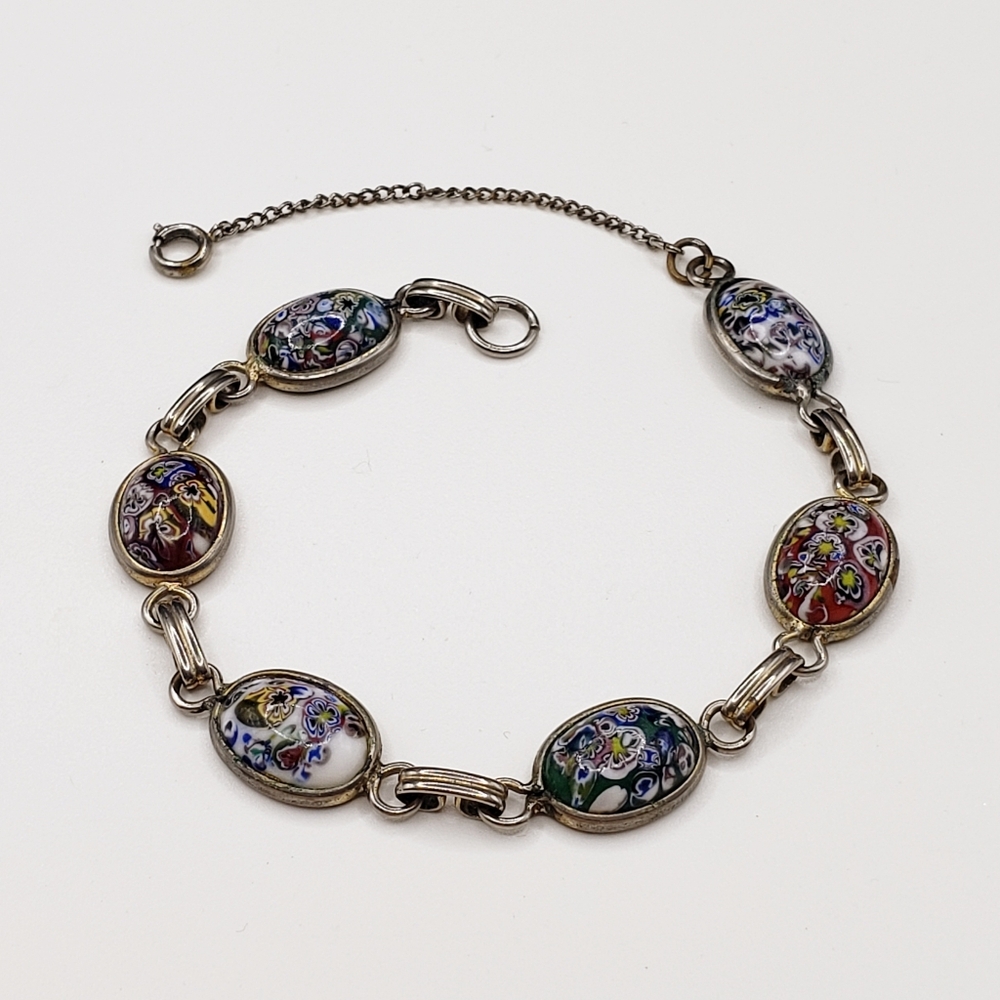 Vintage Millefiori 60s 70s Glass Cabochon Link Bracelet